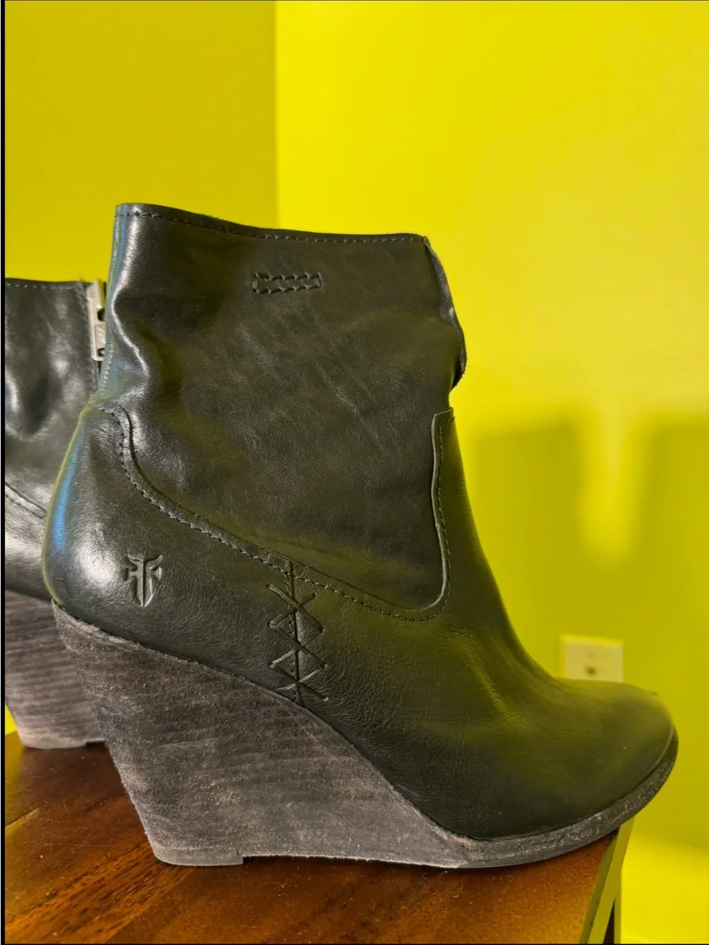 Frye Black Leather Wedge Ankle Boots